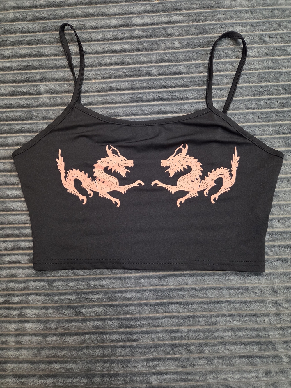 Black Spaghetti-Strap Dragon Print Crop Top - Women
